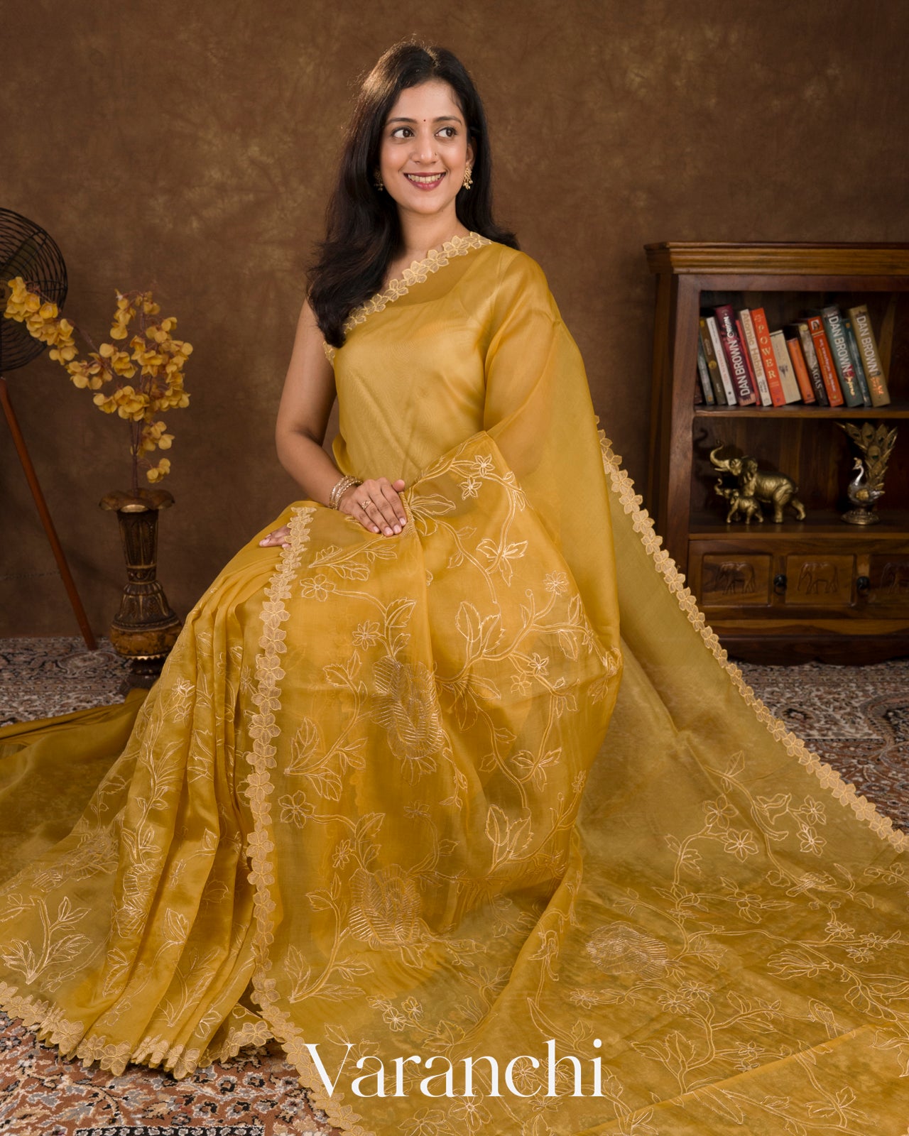 Yellow Embroidered Pure Kora Silk Saree