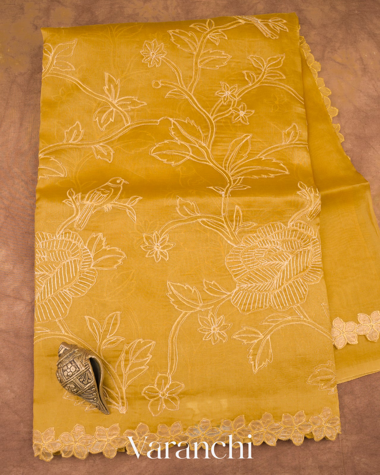 Yellow Embroidered Pure Kora Silk Saree
