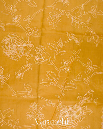 Yellow Embroidered Pure Kora Silk Saree