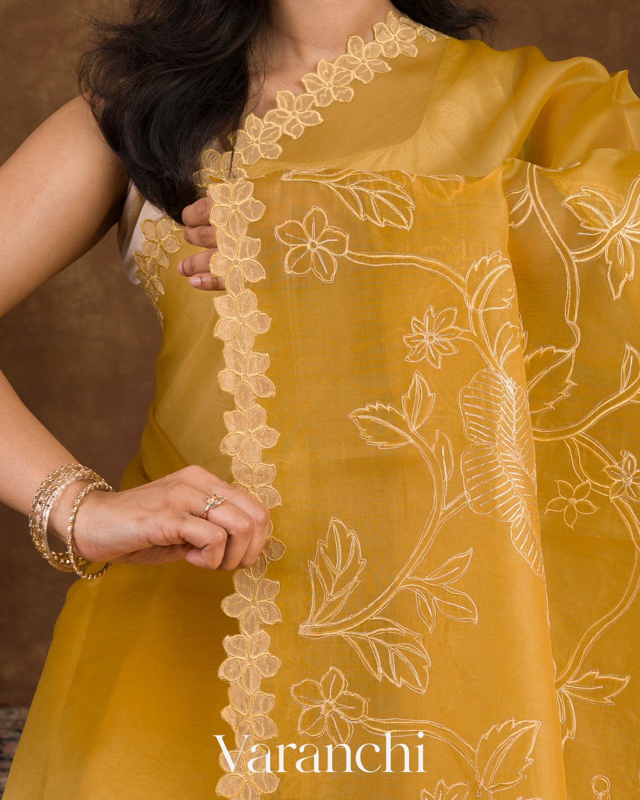 Yellow Embroidered Pure Kora Silk Saree