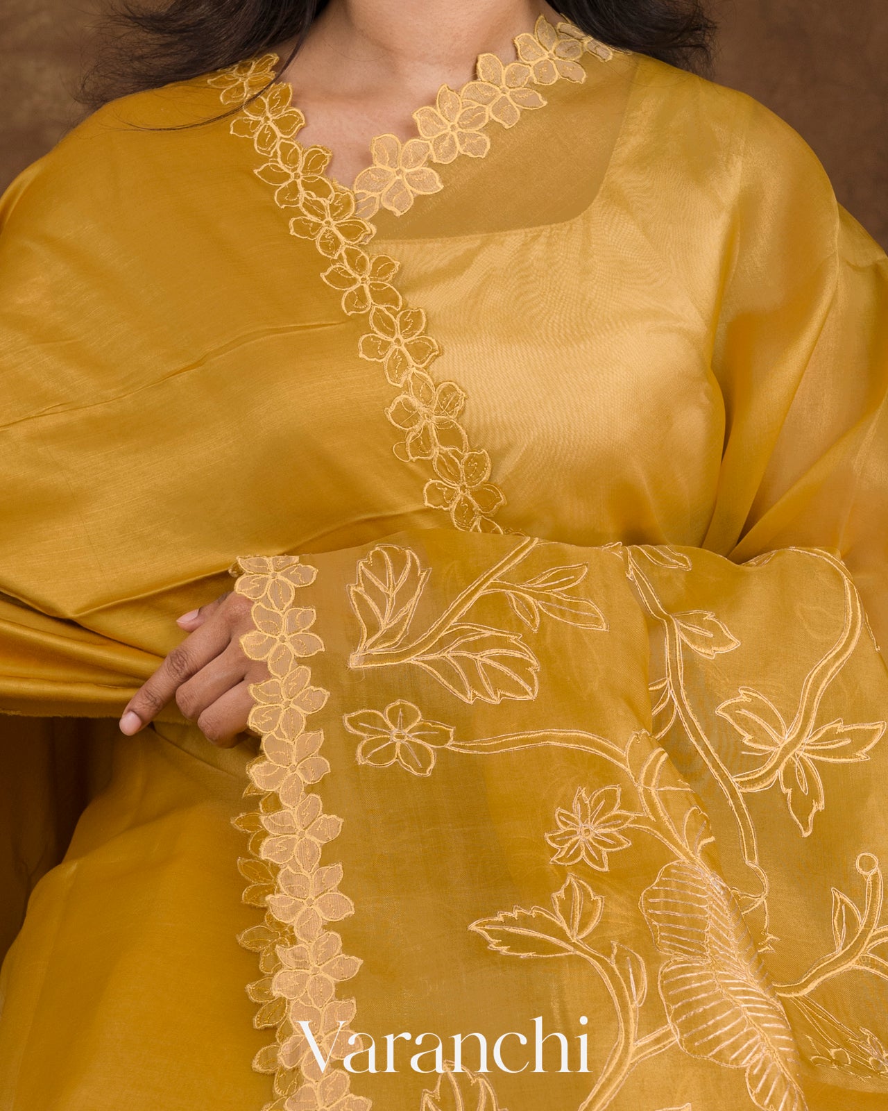 Yellow Embroidered Pure Kora Silk Saree