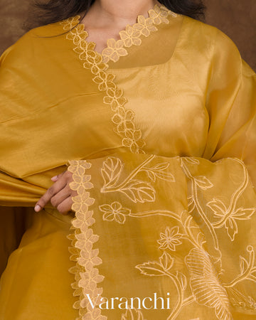 Yellow Embroidered Pure Kora Silk Saree