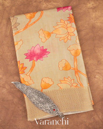 Ivory Cream Floral Printed Pure Tussar Silk Saree