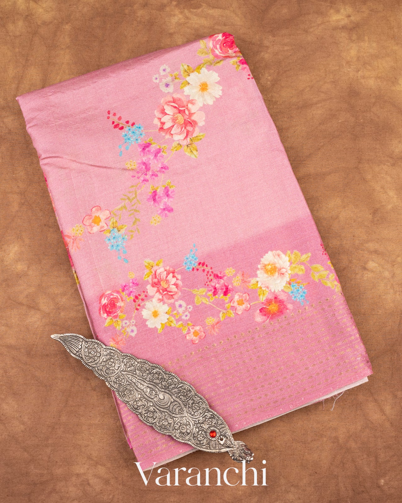Dusty Pink Floral Printed Pure Tussar Silk Saree