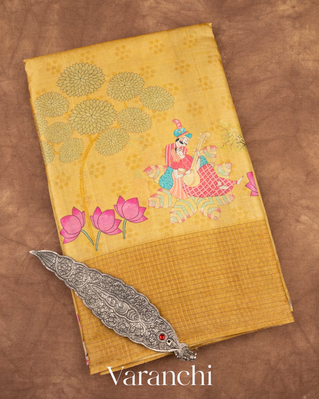 Light Mustard Pichwai Printed Pure Tussar Silk Saree