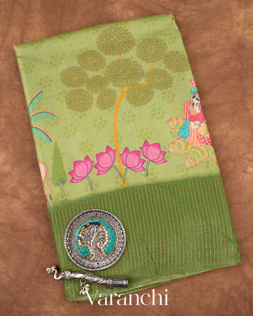 Deep Pista Green Pichwai Printed Pure Tussar Silk Saree