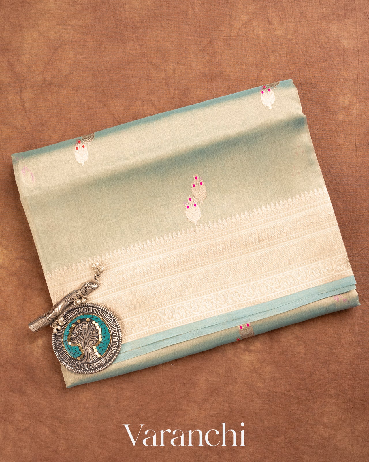 Light Cyan Pure Tissue Kora Silk Handloom Saree