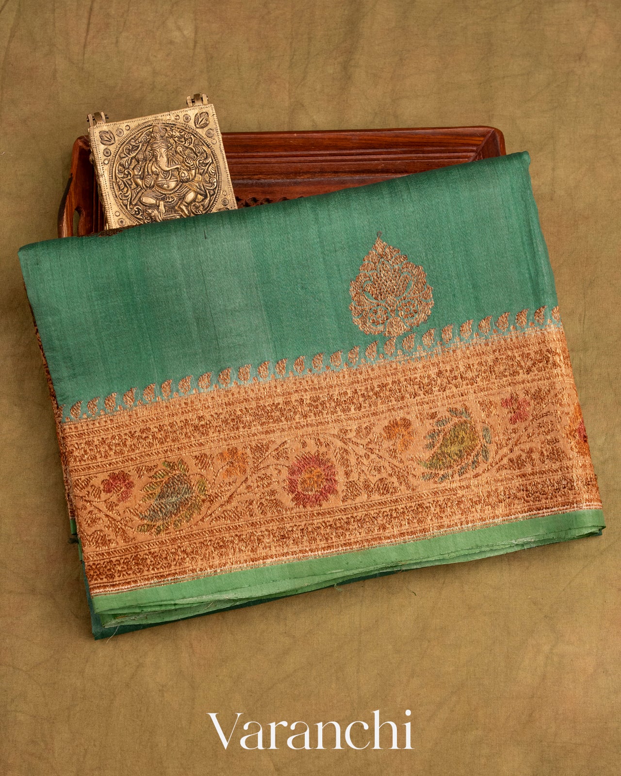 Teal Green Pure Tussar Silk Handlooom Saree