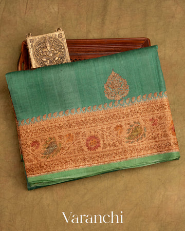 Teal Green Pure Tussar Silk Handlooom Saree