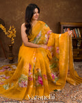 Amber Yellow Digital Printed Pure Linen Kora Silk Handloom Saree