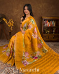 Amber Yellow Digital Printed Pure Linen Kora Silk Handloom Saree