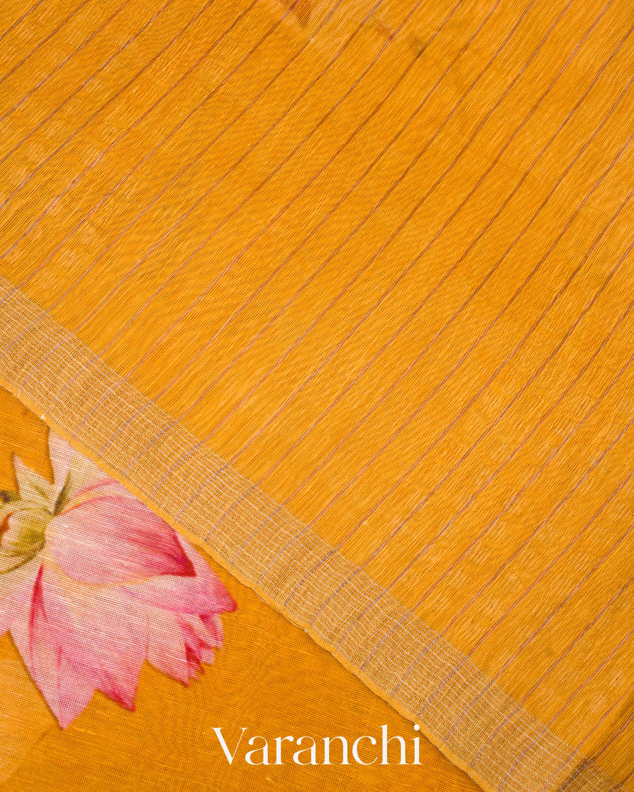 Amber Yellow Digital Printed Pure Linen Kora Silk Handloom Saree