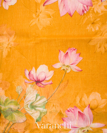 Amber Yellow Digital Printed Pure Linen Kora Silk Handloom Saree