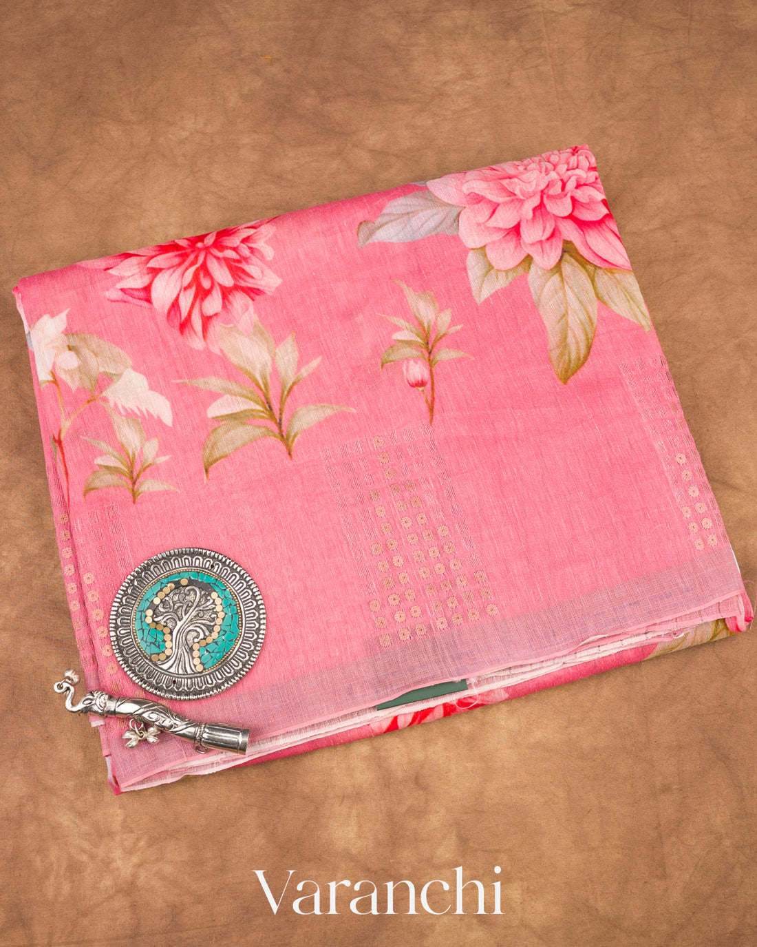 Lotus Pink Digital Printed Pure Linen Kora Silk Handloom Saree