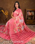 Lotus Pink Digital Printed Pure Linen Kora Silk Handloom Saree