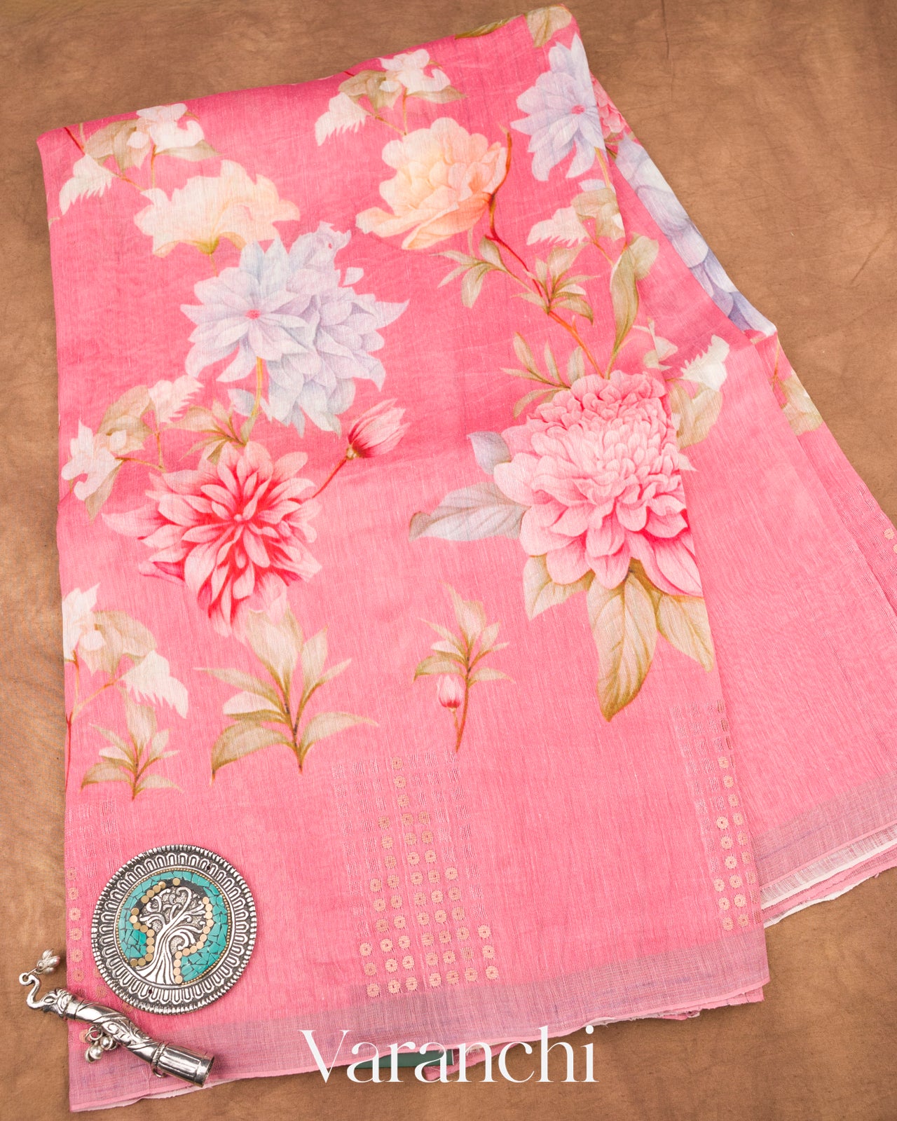 Lotus Pink Digital Printed Pure Linen Kora Silk Handloom Saree