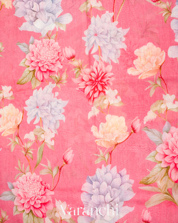 Lotus Pink Digital Printed Pure Linen Kora Silk Handloom Saree