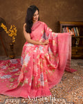 Lotus Pink Digital Printed Pure Linen Kora Silk Handloom Saree
