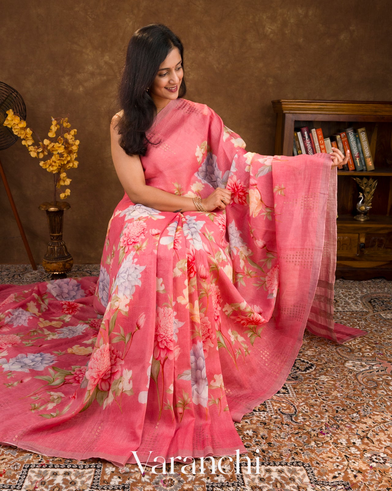 Lotus Pink Digital Printed Pure Linen Kora Silk Handloom Saree