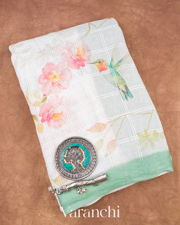 Soft Off-White Digital Printed Pure Linen Kora Silk Handloom Saree 