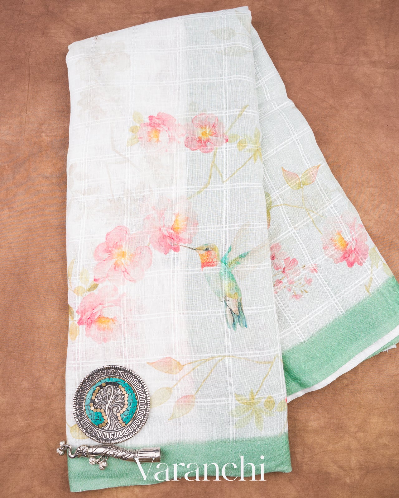 Soft Off-White Digital Printed Pure Linen Kora Silk Handloom Saree 