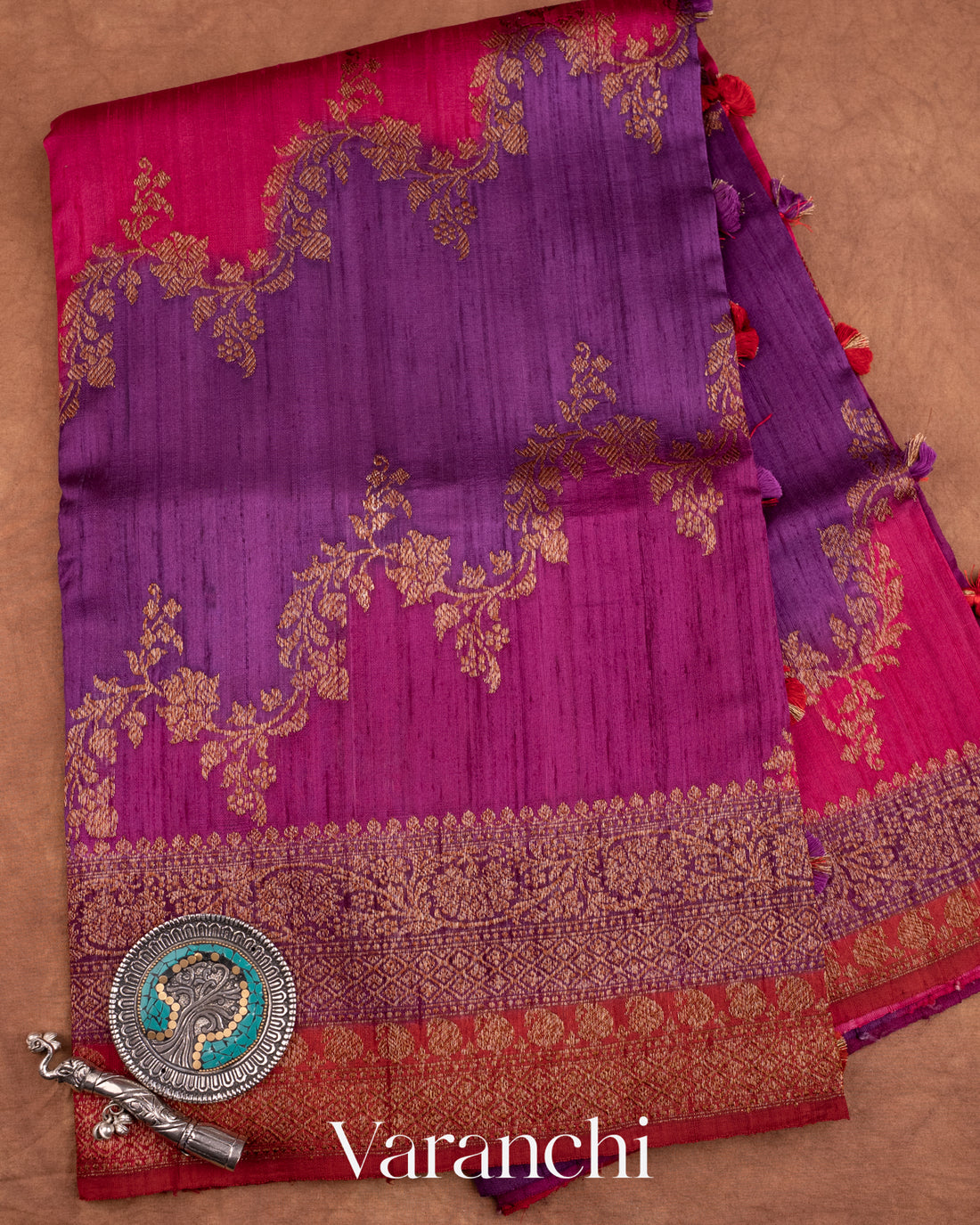 Purple Tricolour Rangkaat Pure Raw Silk Handloom Saree