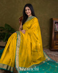 Powder Blue and Mustard Yellow Pure Maheswari Silk Cotton Tissue Handloom Saree 