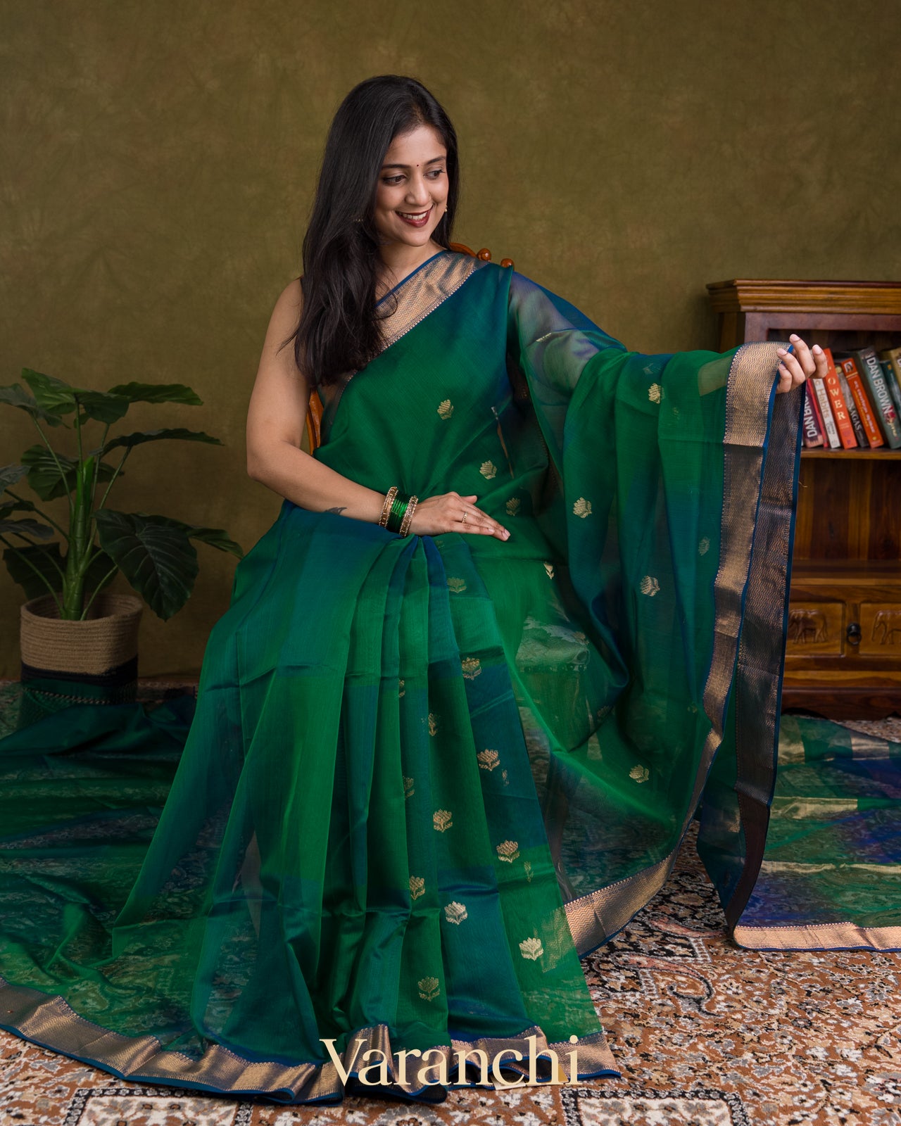 Green and Blue Ombre -Dyed Pure Maheswari Silk Cotton 