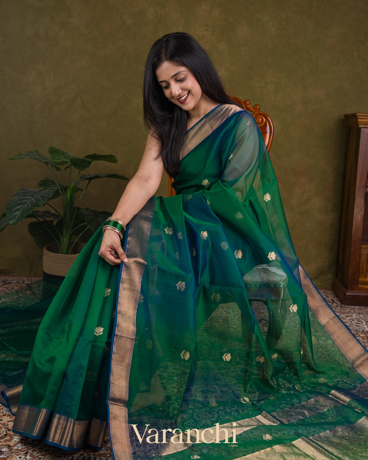Green and Blue Ombre -Dyed Pure Maheswari Silk Cotton 