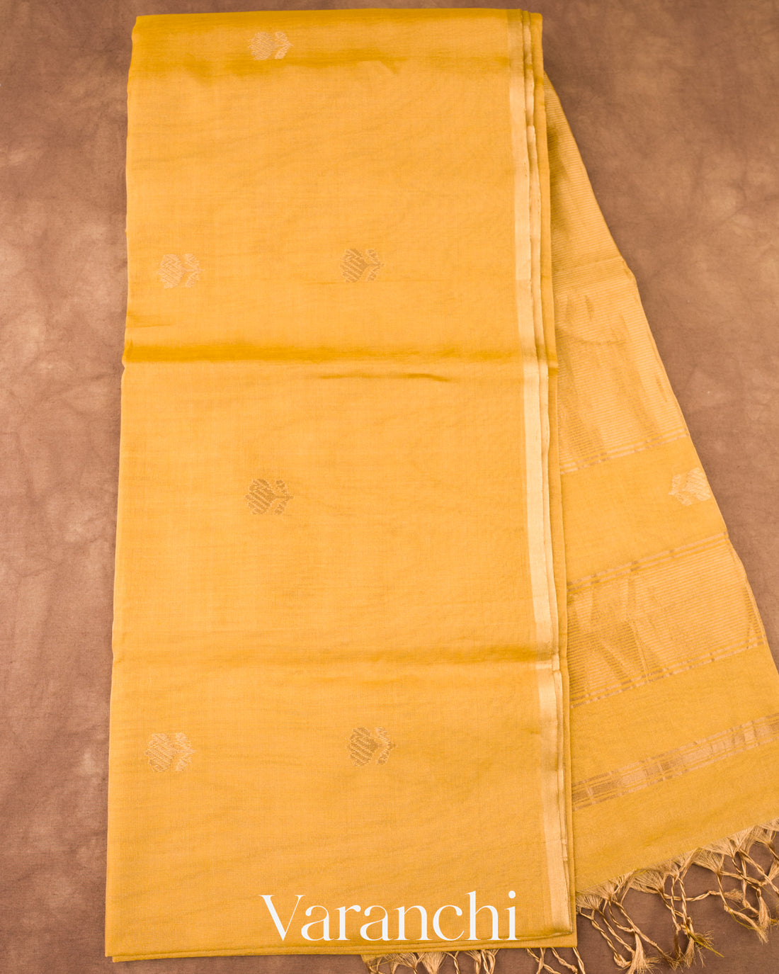 Golden Marigold Yellow Pure Maheswari Silk Cotton Tissue Handloom Saree