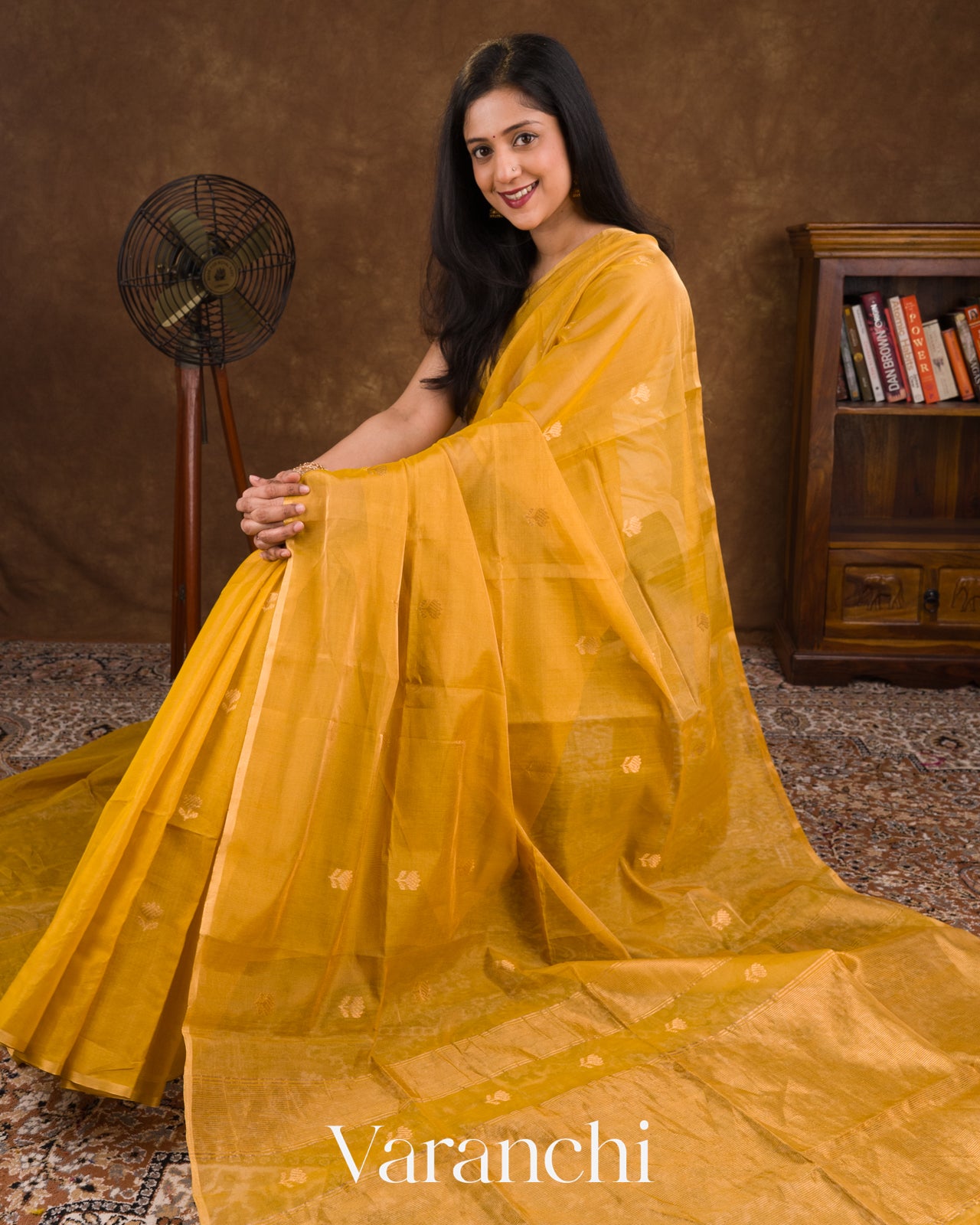 Golden Marigold Yellow Pure Maheswari Silk Cotton Tissue Handloom Saree