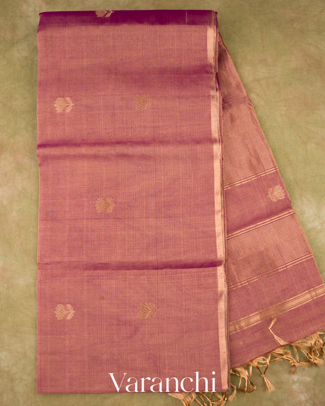 Dusty Rose Mauve Pure Maheswari Silk Cotton Tissue Handloom Saree
