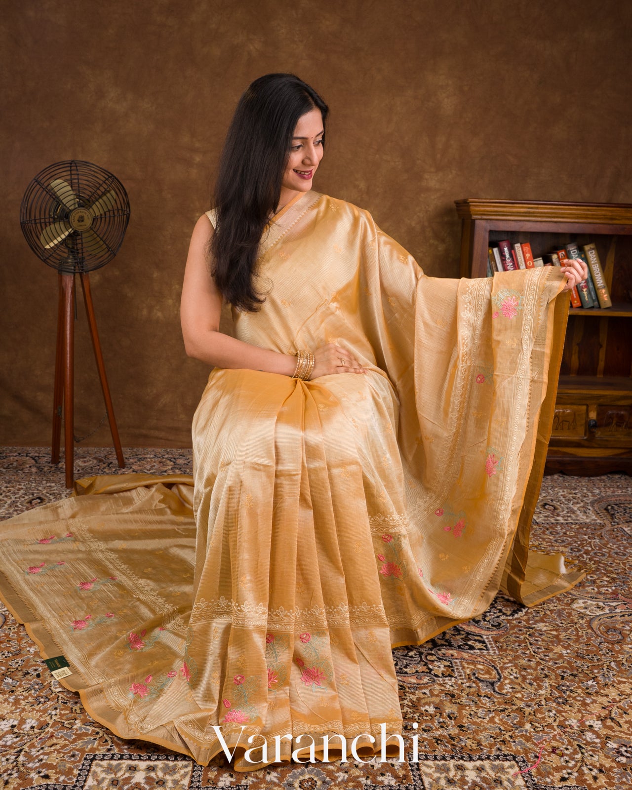Sandalwood Yellow Embroidered Pure Mangalgiri Silk Handloom Saree