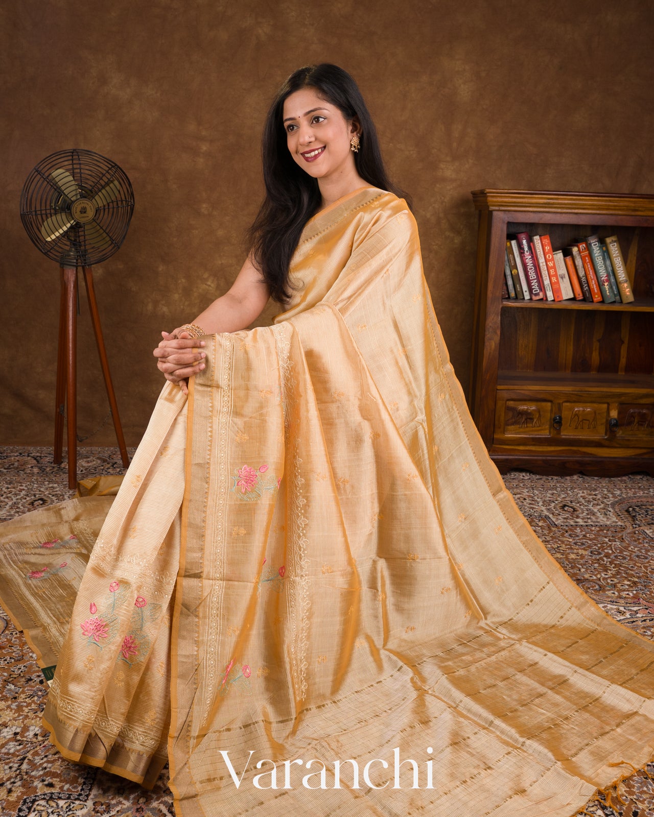 Sandalwood Yellow Embroidered Pure Mangalgiri Silk Handloom Saree