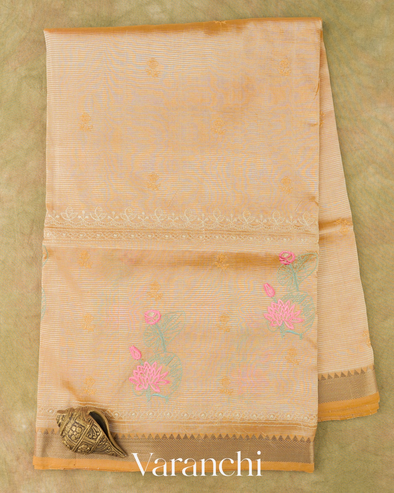 Sandalwood Yellow Embroidered Pure Mangalgiri Silk Handloom Saree