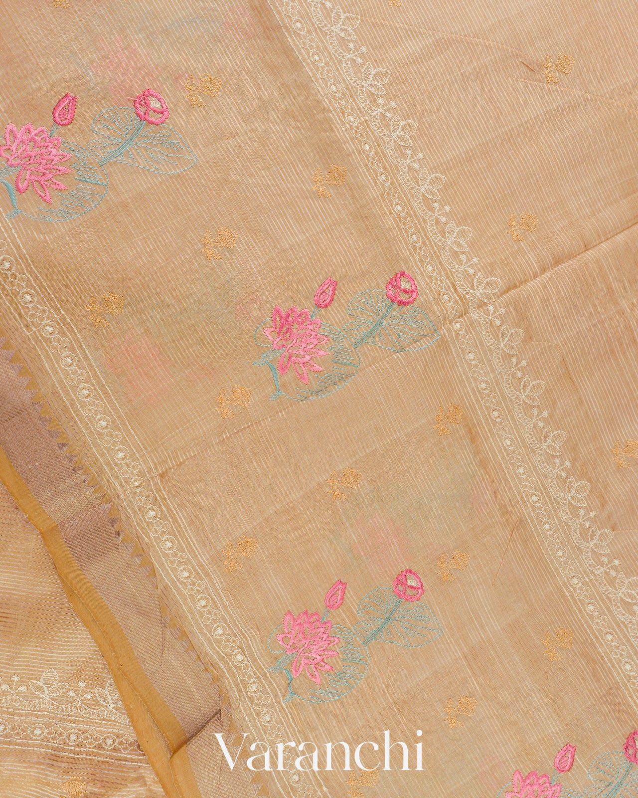 Sandalwood Yellow Embroidered Pure Mangalgiri Silk Handloom Saree