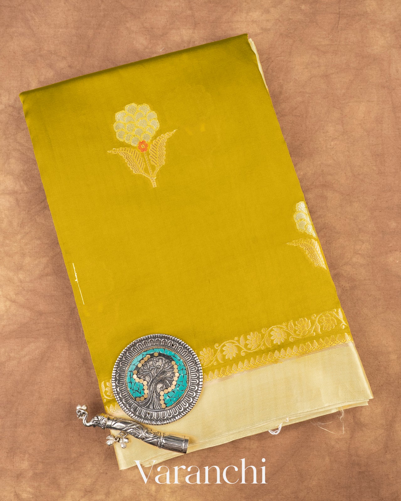 Olive Yellow Pure Mango Silk Handloom Saree
