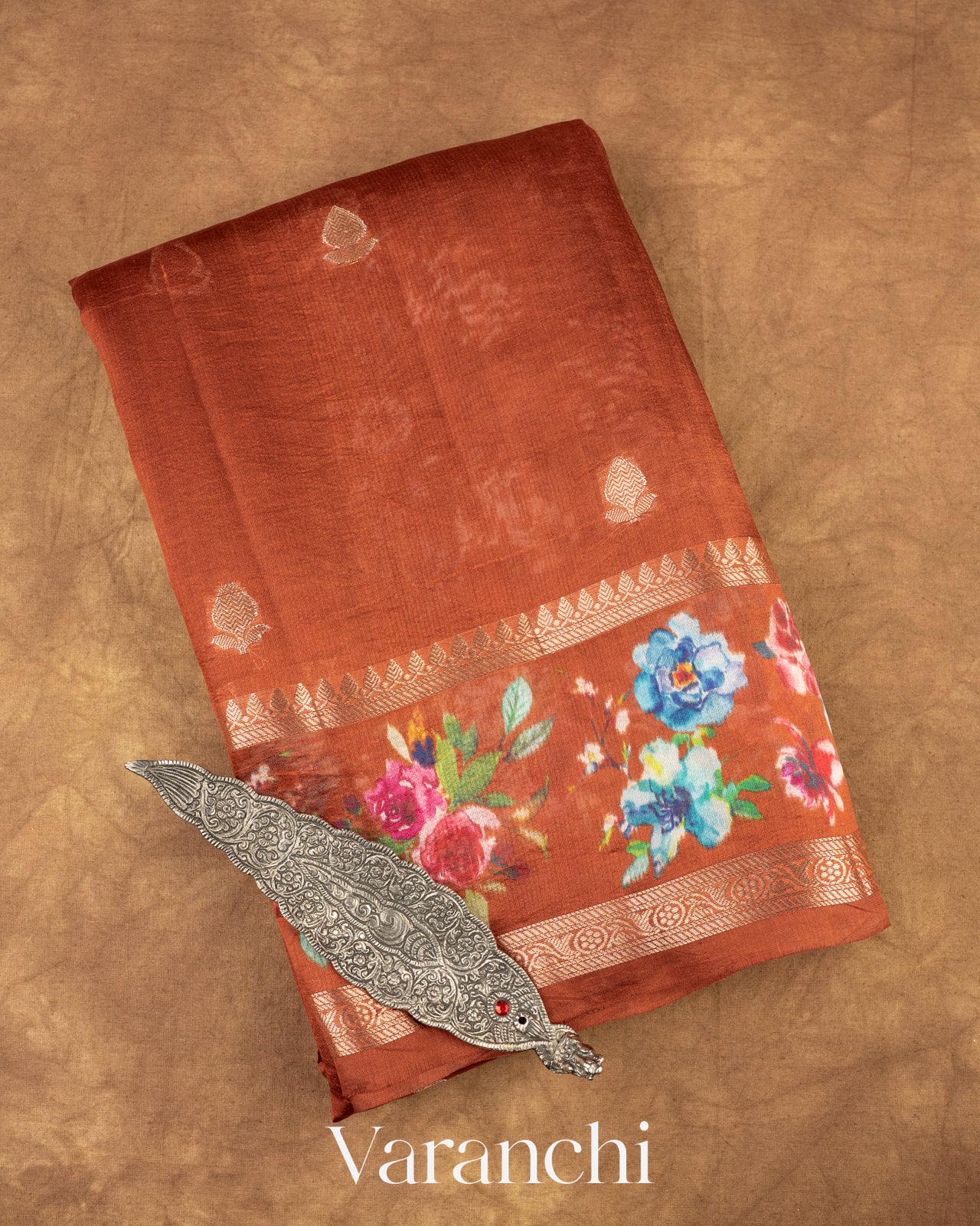 Rust Orange Floral Printed Pure Mango Silk Saree