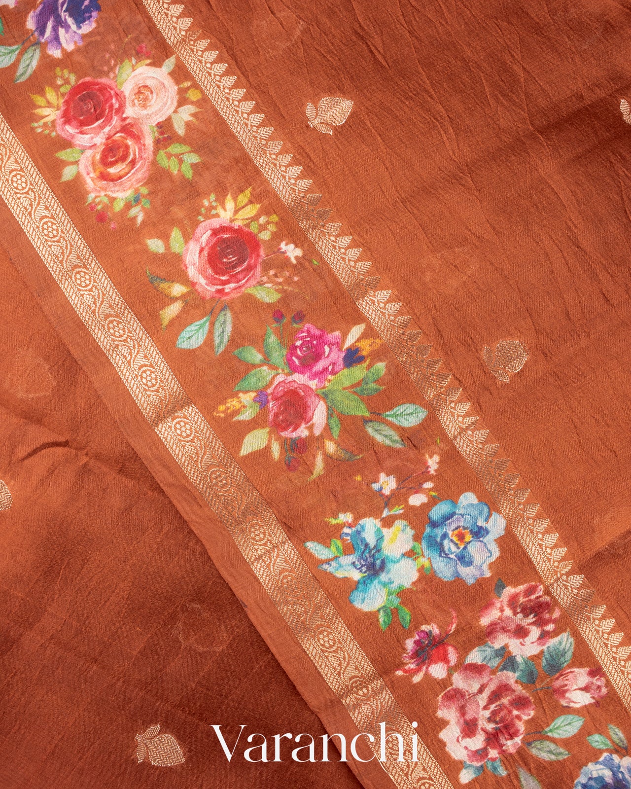Rust Orange Floral Printed Pure Mango Silk Saree