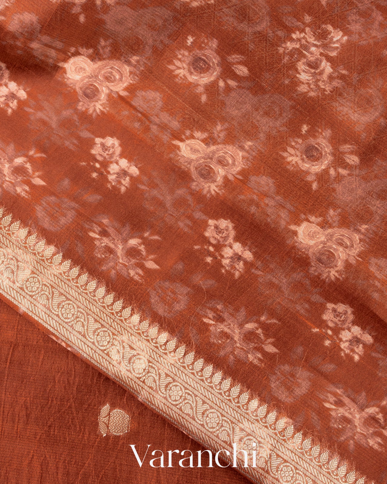Rust Orange Floral Printed Pure Mango Silk Saree