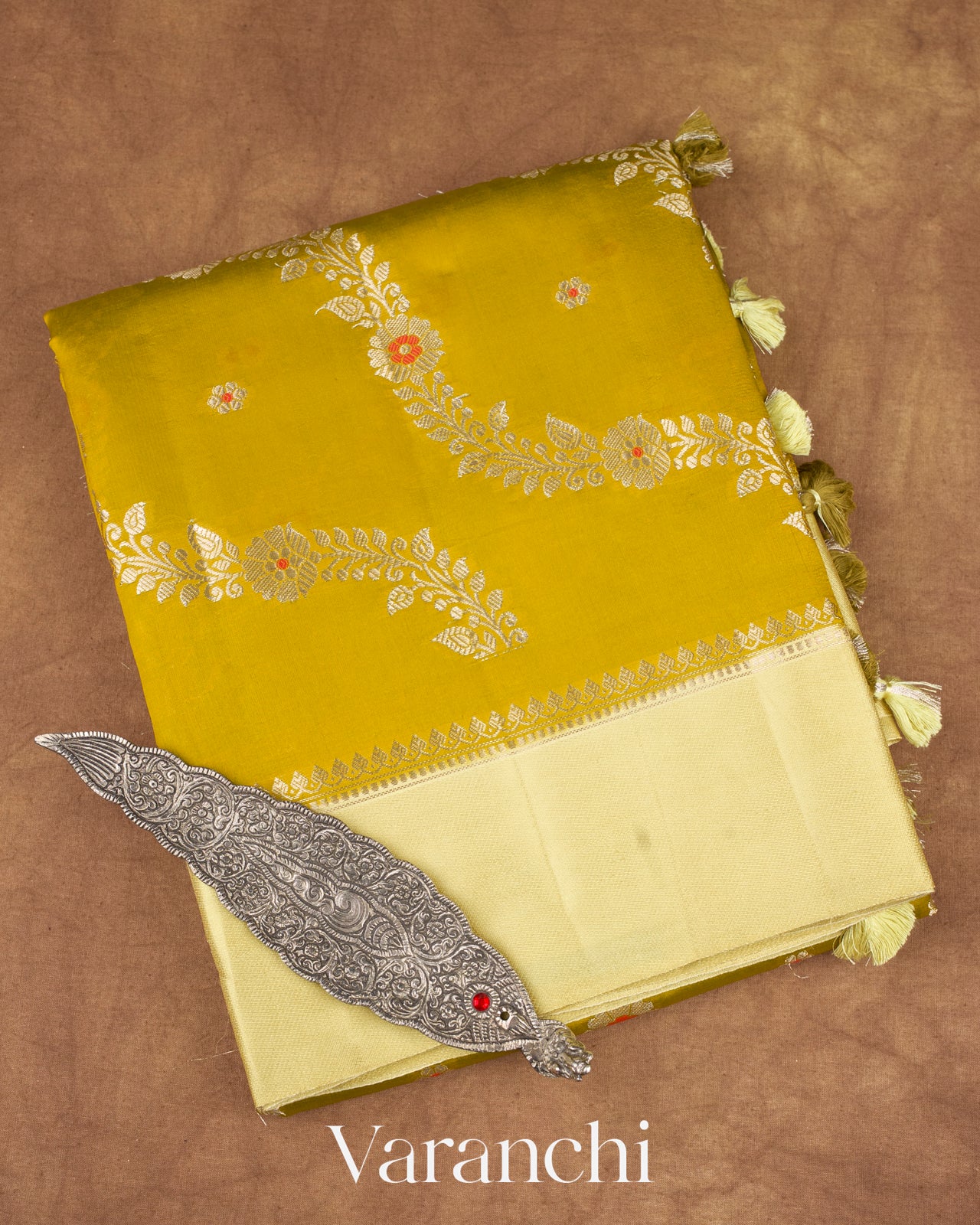 Mustard Yellow Lehariya Pure Mango Silk Handloom Saree
