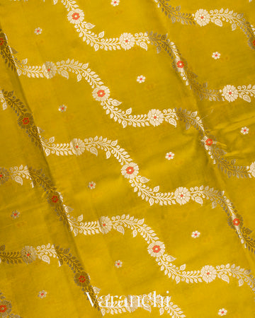 Mustard Yellow Lehariya Pure Mango Silk Handloom Saree