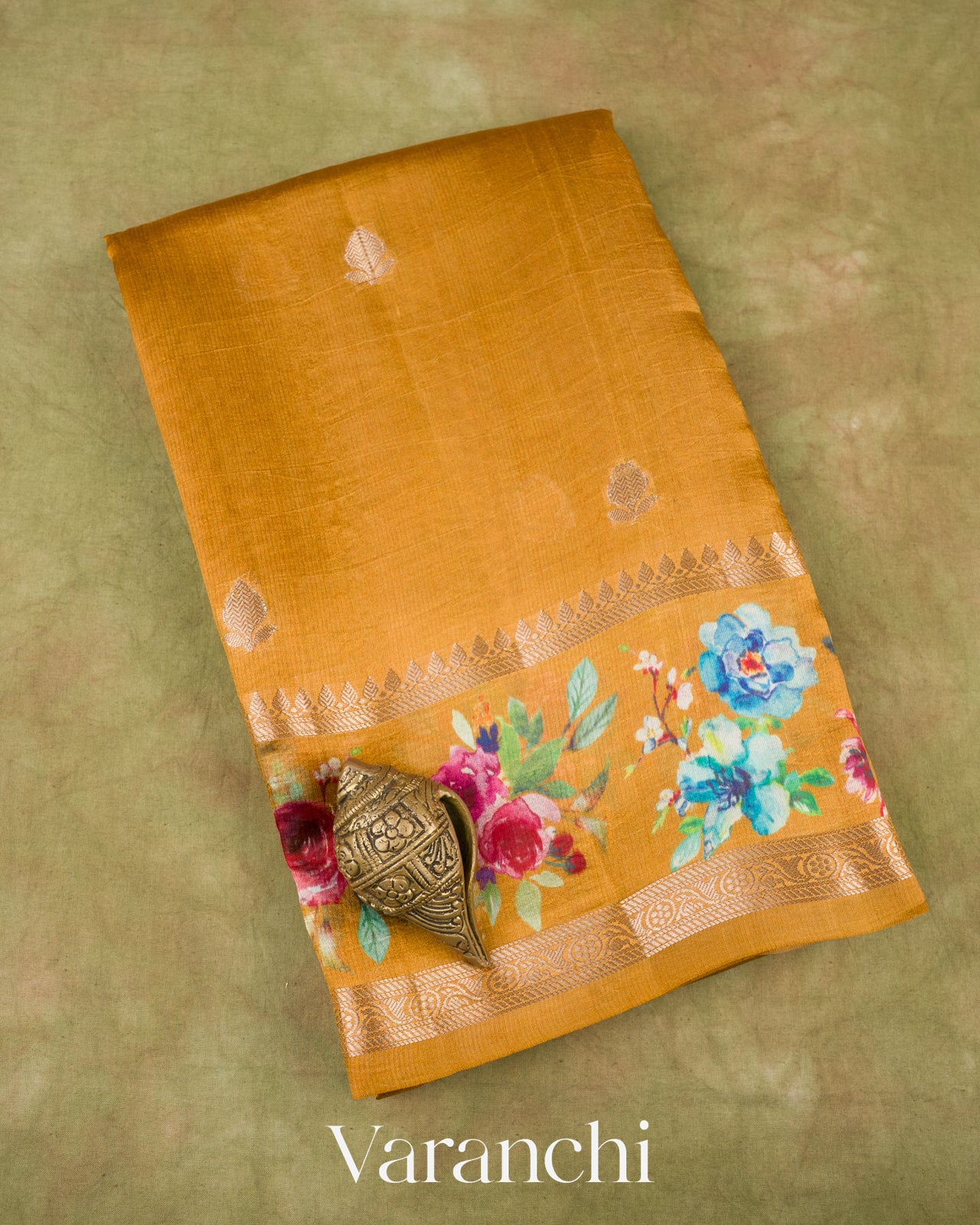 Deep Mustard Floral Printed Pure Mango Silk Saree