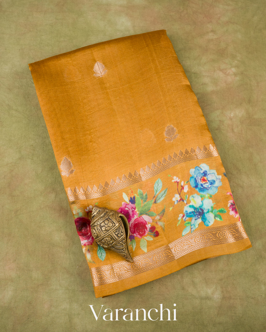 Deep Mustard Floral Printed Pure Mango Silk Saree