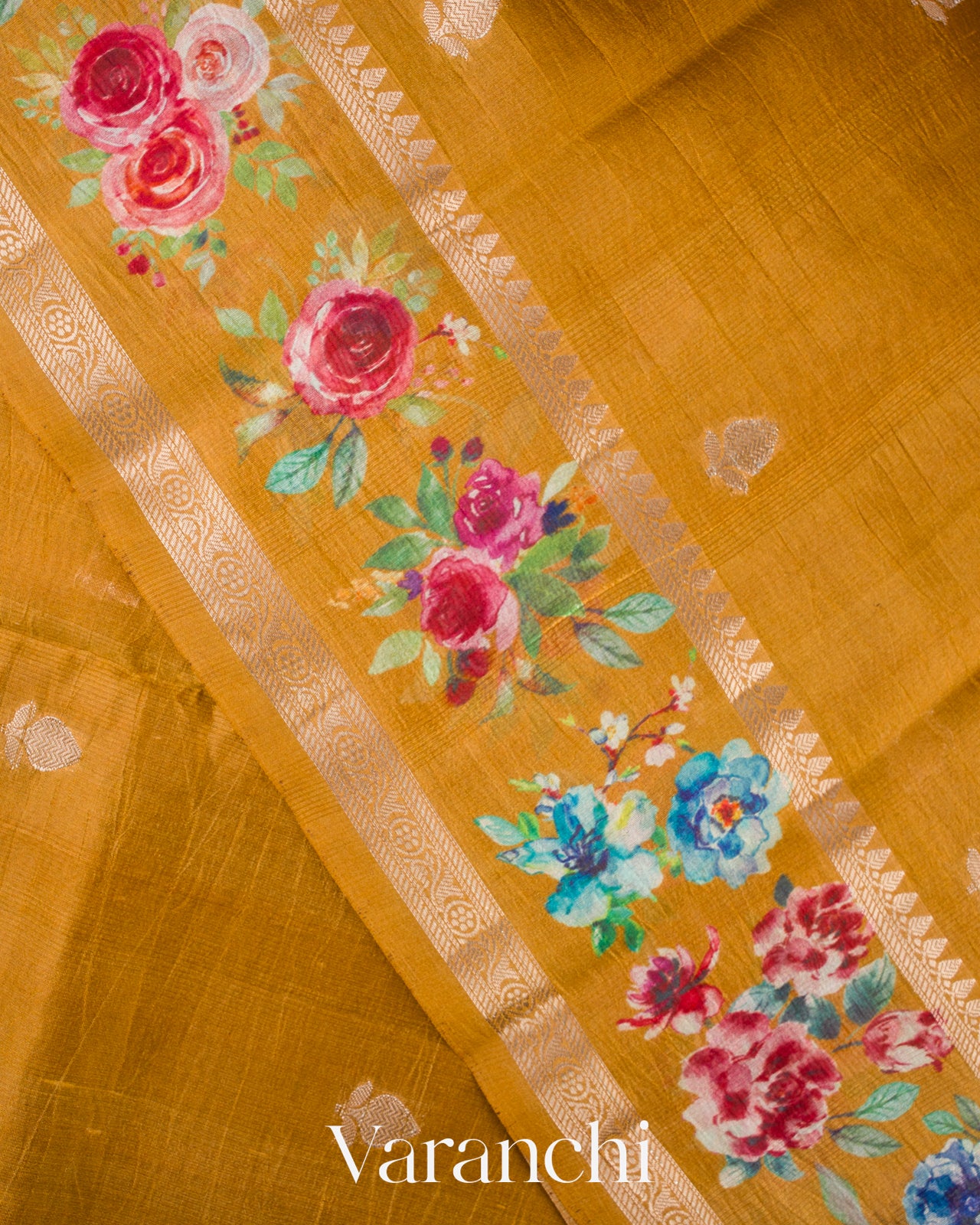 Deep Mustard Floral Printed Pure Mango Silk Saree