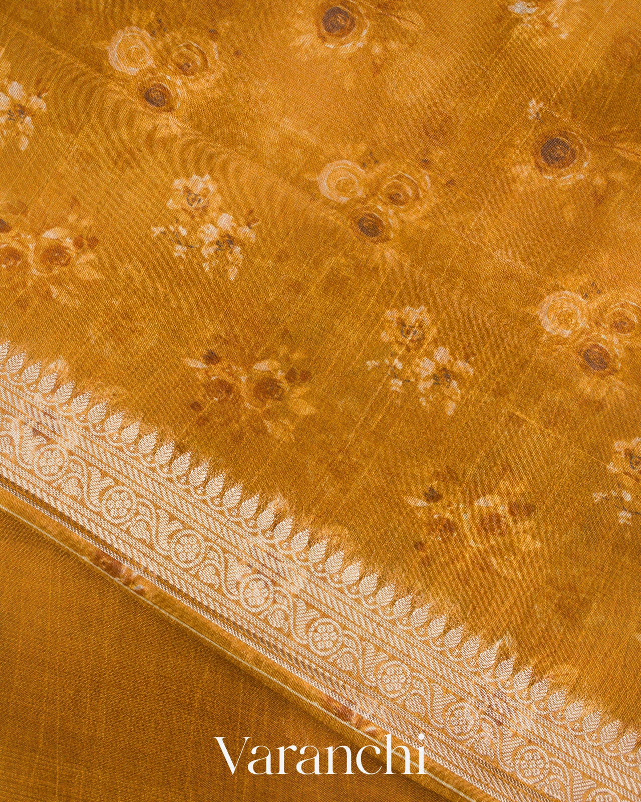 Deep Mustard Floral Printed Pure Mango Silk Saree