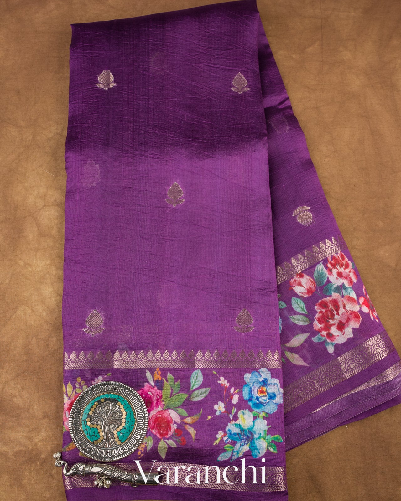 Deep Purple Floral Printed Pure Mango Silk Saree