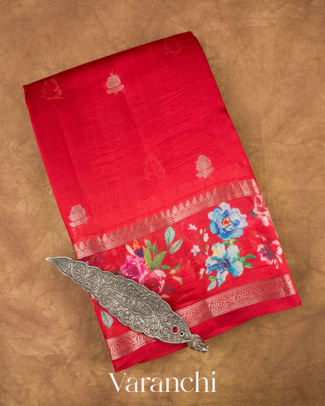 Red Floral Printed Pure Mango Silk Saree