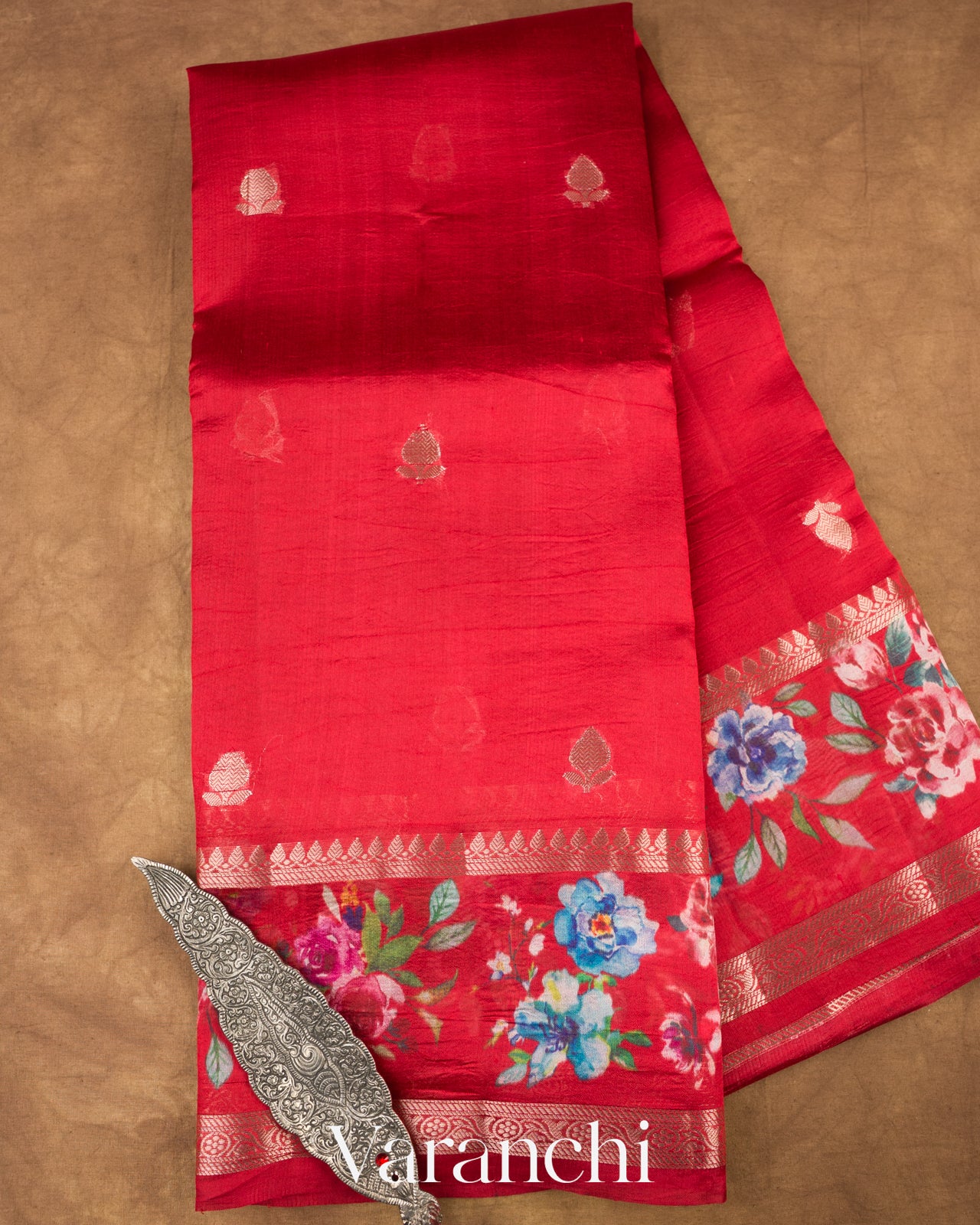 Red Floral Printed Pure Mango Silk Saree