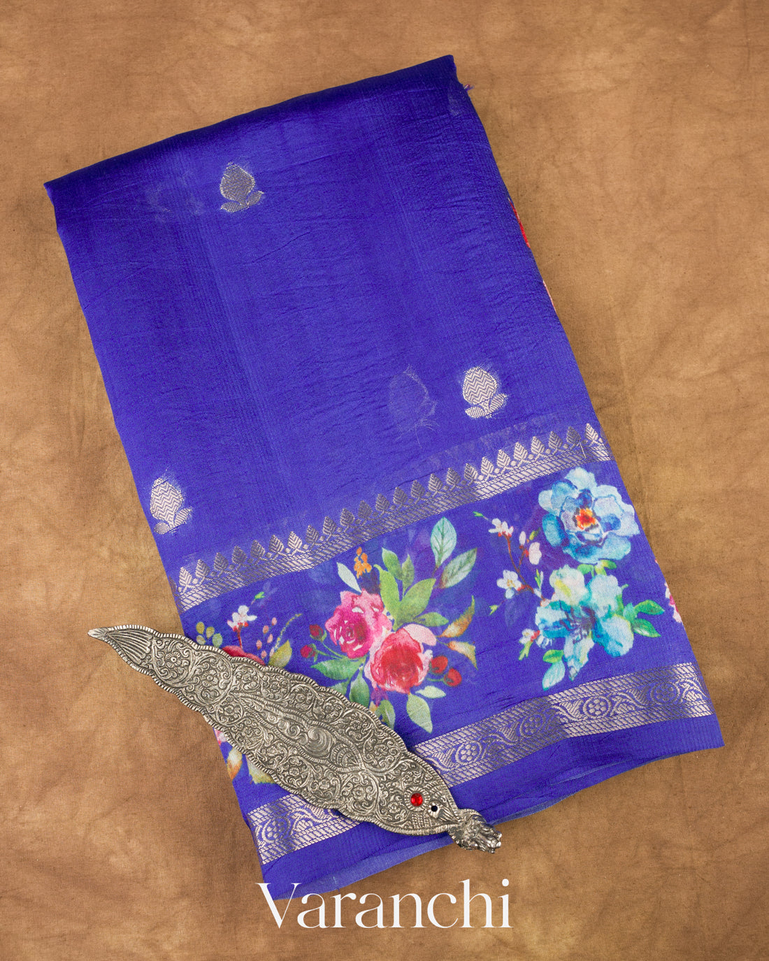 Royal Blue Floral Printed Pure Mango Silk Saree